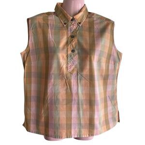 Vtg 50s Ship'n Shore Blouse Womens Sz 36 Pink Peach Check Pullover Sleeveless